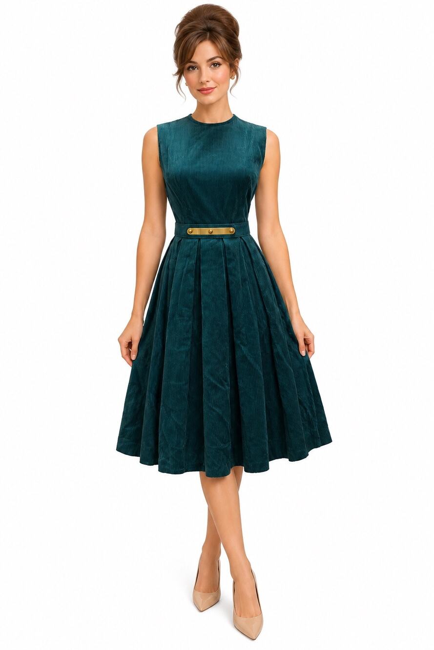 Vintage 1960s Bobbie Brooks Teal Corduroy Pleated Belted Dress Cotton USA XS